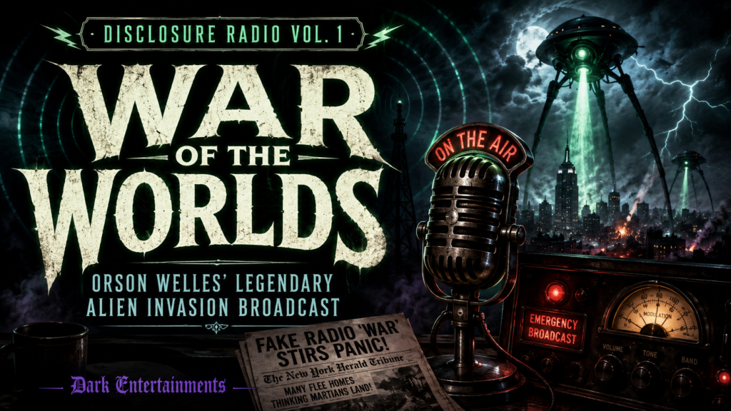 Welcome to Disclosure Radio, a Dark Entertainments series exploring classic alien contact, UFO panic, sci-fi horror and strange broadcasts from the golden age of audio. Before flying saucers, before UAP hearings, before modern talk of disclosure and non-human intelligence, there was one broadcast that made alien invasion feel terrifyingly immediate. Welcome to Disclosure Radio, a Dark Entertainments series exploring classic alien contact, UFO panic, sci-fi horror and strange broadcasts from the golden age of audio. Before flying saucers, before UAP hearings, before modern talk of disclosure and non-human intelligence, there was one broadcast that made alien invasion feel terrifyingly immediate. Part of Disclosure Radio, a Dark Entertainments playlist connecting classic UFO, alien-contact and sci-fi horror radio with today’s renewed interest in UAPs, disclosure, non-human intelligence, government secrecy and unexplained aerial phenomena. Long before modern hearings, whistleblower claims, AARO reports, NASA studies and public figures such as David Grusch, Ryan Graves, David Fravor, Luis Elizondo, Christopher Mellon, Avi Loeb and Jacques Vallée became part of the conversation, vintage radio was already exploring the same haunting question: are we alone? These broadcasts capture the fear, wonder and paranoia of earlier ages — from Martian invasion and strange signals to hidden visitors, official silence and contact from beyond. In Vol. 1, we present the legendary 1938 Mercury Theatre broadcast of The War of the Worlds, directed and narrated by Orson Welles. This is Orson Welles’ legendary 1938 radio adaptation of The War of the Worlds, presented here by Dark Entertainments / Horror Radio as part of our classic alien contact and sci-fi horror audio collections.