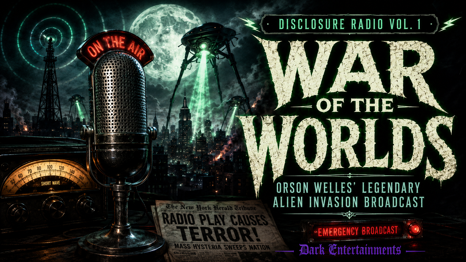 Welcome to Disclosure Radio, a Dark Entertainments series exploring classic alien contact, UFO panic, sci-fi horror and strange broadcasts from the golden age of audio. Before flying saucers, before UAP hearings, before modern talk of disclosure and non-human intelligence, there was one broadcast that made alien invasion feel terrifyingly immediate. Welcome to Disclosure Radio, a Dark Entertainments series exploring classic alien contact, UFO panic, sci-fi horror and strange broadcasts from the golden age of audio. Before flying saucers, before UAP hearings, before modern talk of disclosure and non-human intelligence, there was one broadcast that made alien invasion feel terrifyingly immediate. Part of Disclosure Radio, a Dark Entertainments playlist connecting classic UFO, alien-contact and sci-fi horror radio with today’s renewed interest in UAPs, disclosure, non-human intelligence, government secrecy and unexplained aerial phenomena. Long before modern hearings, whistleblower claims, AARO reports, NASA studies and public figures such as David Grusch, Ryan Graves, David Fravor, Luis Elizondo, Christopher Mellon, Avi Loeb and Jacques Vallée became part of the conversation, vintage radio was already exploring the same haunting question: are we alone? These broadcasts capture the fear, wonder and paranoia of earlier ages — from Martian invasion and strange signals to hidden visitors, official silence and contact from beyond. In Vol. 1, we present the legendary 1938 Mercury Theatre broadcast of The War of the Worlds, directed and narrated by Orson Welles. This is Orson Welles’ legendary 1938 radio adaptation of The War of the Worlds, presented here by Dark Entertainments / Horror Radio as part of our classic alien contact and sci-fi horror audio collections.